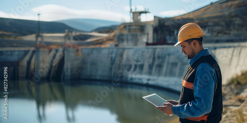 A male engineer in a hardhat is using a tablet while inspecting a dam in a large hydraulic facility