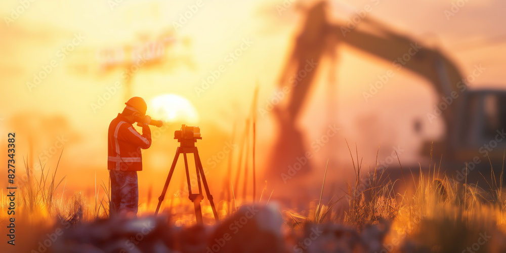 Surveyor working with a theodolite tripod on a field during sunrise with excavator in the background