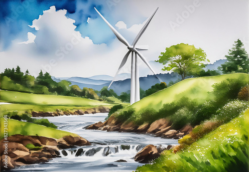 A watercolor painting on canvas portraying a wind turbine against a backdrop of lush streamside landscape, created in celebration of Earth Day photo