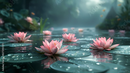 tranquil pond with lilies floating under soft liquid hues