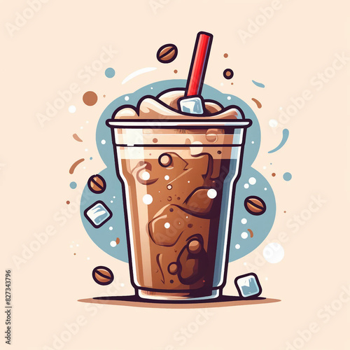 Iced coffee drink with ice cubes, cold drink with straw, in plastic cup with splash, graphic design cartoon illustration. generative ai