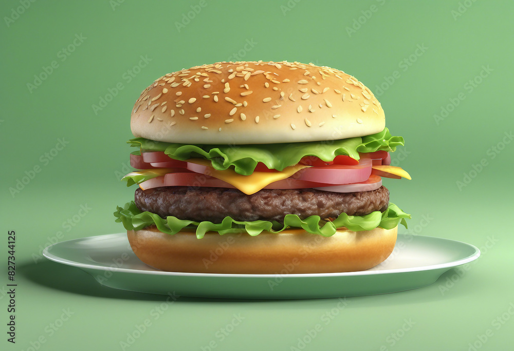 Image of tasty burger in plate with green background. Image of tasty burger in plate with green background.