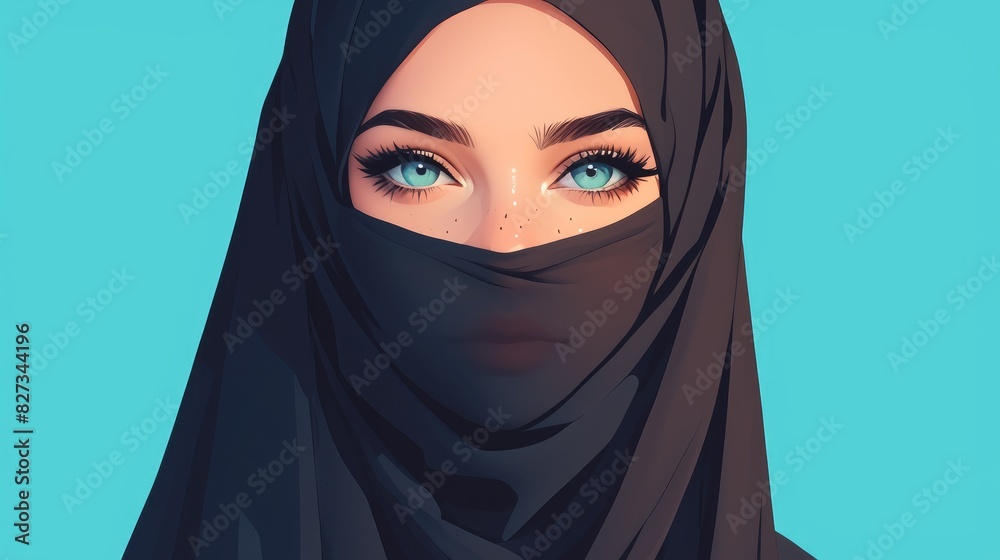 Create a stunning 2d illustration design of a graceful Muslim woman as a captivating character icon Create a stunning 2d illustration design of a graceful Muslim woman as a captivating character icon