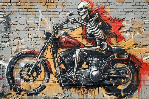 A punkthemed mural depicting a skeleton riding a motorcycle, spraypainted on an urban brick wall, Close up