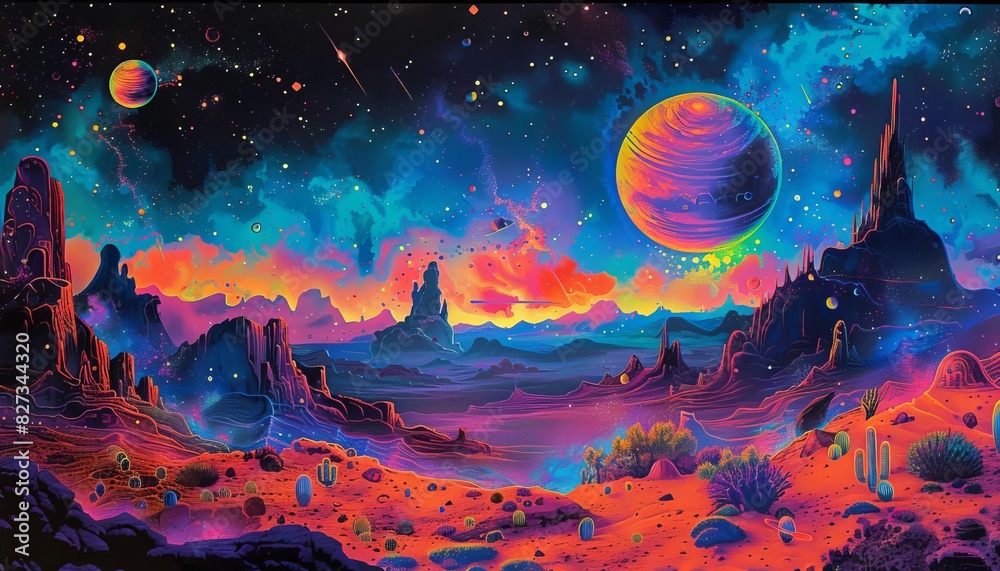 Obraz premium A record cover featuring a cosmic scene with planets and stars, designed in a vibrant, psychedelic style, blacklight effect