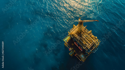 Aerial view of Offshore oil and gas rig construction station platform on the sea. extract process petroleum and natural gas at ocean beneath seabed,  Industry searching for fuel and energy,
