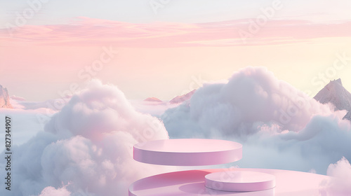 3d render of minimal scene with pink podium and cloud background,Pink podium. Pink sky with clouds. 3d rendering, 3d illustration,Soft cloud and sky with pastel color background 