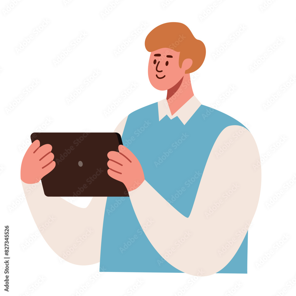 Man holding a tablet in his hands, working online, freelance concept. Office worker, businessman, online consultations illustration. Flat vector style. Isolated on a white background