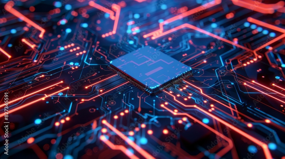 A computer chip is shown in a blue and red color scheme A computer chip is shown in a blue and red color scheme