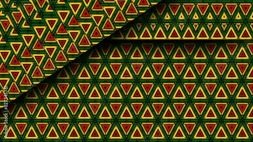 Transverse movement of the rectangle up and down. Seamless abstract background red yellow green triangle pattern as greeting card concept and video opening.