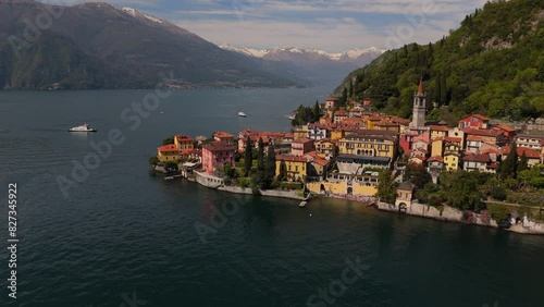 Aerial footage of Varenna comune on Lake Como in the Province of Lecco in Lombardy region, Italy photo