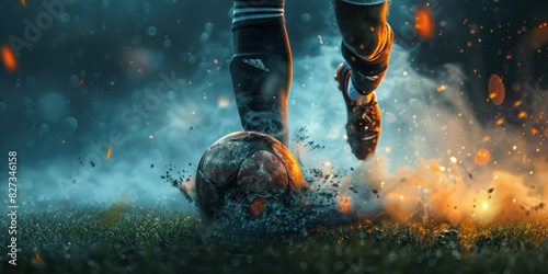 A soccer ball is being kick by the foot of an athlete photo
