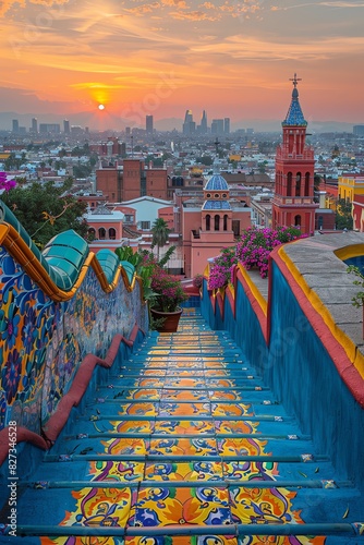 A colorful staircase leads up to a church and cityscape at sunset. The vibrant tiles and architecture create a stunning visual.