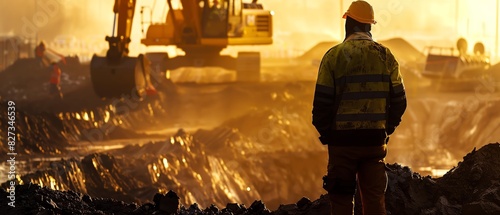 An excavation workers silhouette against a midrange view background filled with photorealistic images of trenching, earthmoving, and construction site groundwork