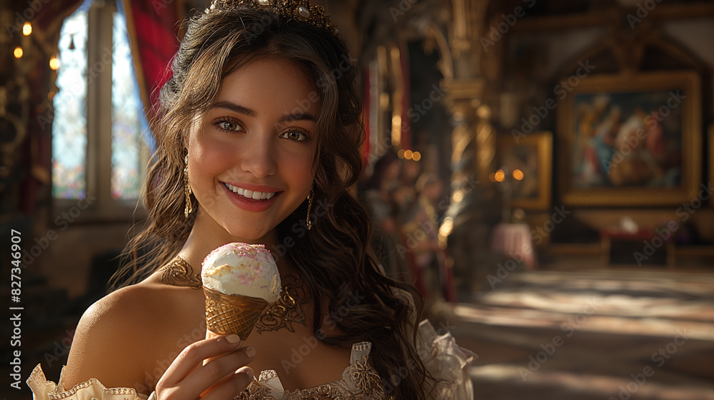 A woman in a luxurious medieval dress, beaming with happiness as she enjoys an ice cream A woman in a luxurious medieval dress, beaming with happiness as she enjoys an ice cream