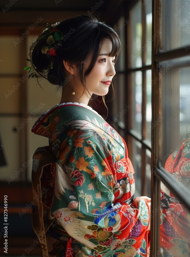 A woman wearing a kimono is looking out the window