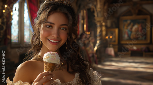 A woman in a luxurious medieval dress  beaming with happiness as she enjoys an ice cream 