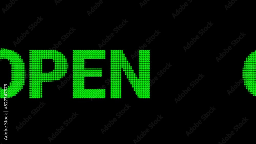 Animated Big letters of OPEN text moving Led Green color, discount, suitable for greetings, promotion sale, for clearance sale and for promote sale season