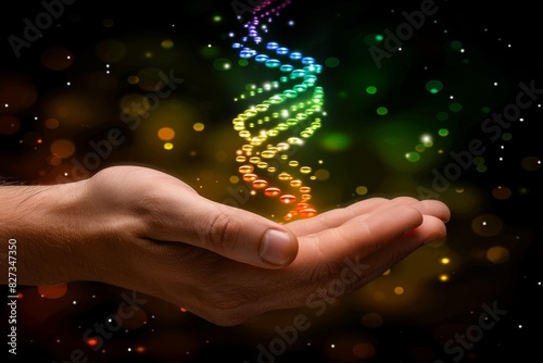 Hand cradles a glowing green DNA strand, illustrating the potential and promise of bioengineering in a dark setting
