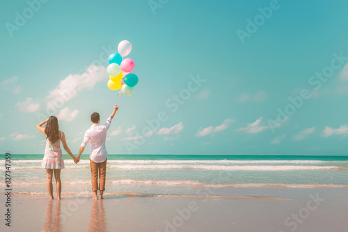 Portrait of couple of young happy married hipsters in trendy vintage clothes standing together on the beach with balloons. Sunny summer day. Pastel colors tone