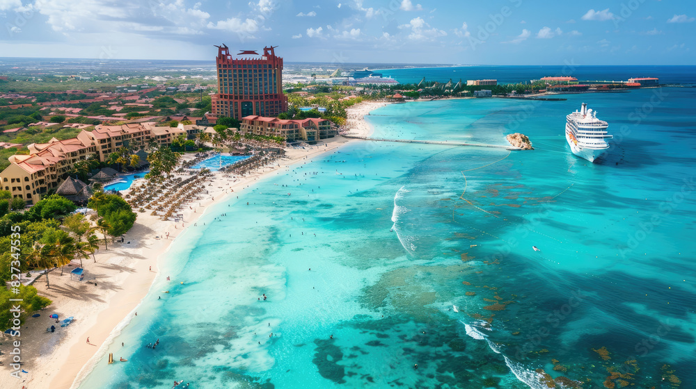 An aerial view of Aruba's famous beach, Ko Beach in Palm Beach, showcasing the white sandy shore and turquoise waters