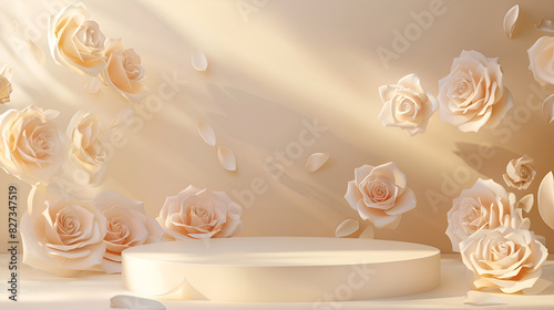 Roses on the podium presented.stand for cosmetic products. Stage showcase on pedestal 3d studio. pink white background,Wedding background. Luxurious background design. In delicate shades
