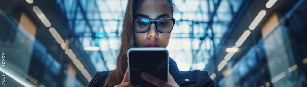 The photo shows a young woman wearing glasses and holding a smartphone The photo shows a young woman wearing glasses and holding a smartphone