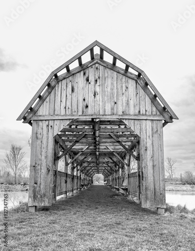 Monochrome image of a covered bridge