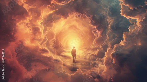 a man standing in the center of an endless tunnel made out light and clouds, light at end of tunnel in fantasy world, surrealistic style