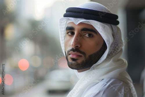 Closeup of a young man wearing a keffiyeh and agal, with soft focus city lights in the background photo