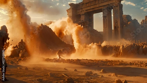 An intense battle scene unfolds amidst ancient ruins, with explosions and dust filling the air photo