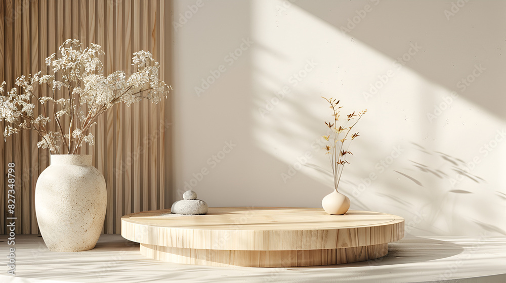 Wooden podium with spotlights in dark room. 3D rendering,Minimalistic abstract gentle light blur grey background for product presentation on wooden podium with light and intricate shadow 
