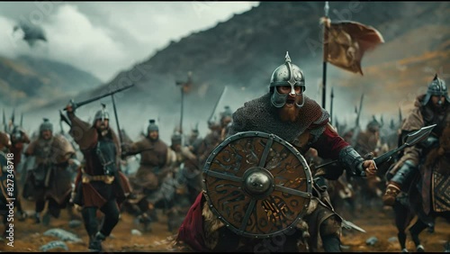 A medieval knight in armor leading a battle charge