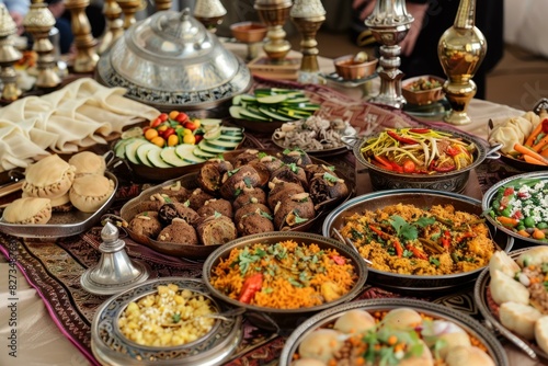 Array of delicious middle eastern dishes beautifully presented on a vibrant, ornate tabletop