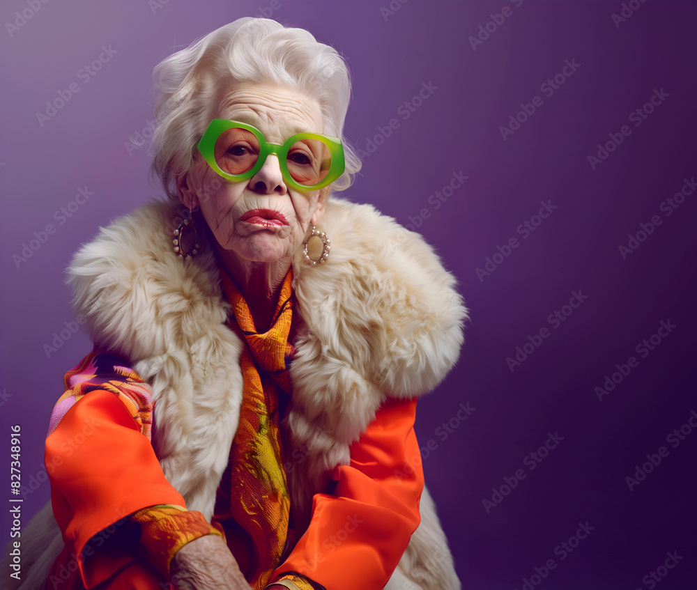 Fashion editorial Concept. Portrait of old elderly wrinkled woman in colourful vibrant bold orange green outfit sunglass and white fur coat wrap on violet purple background. copy text space	
