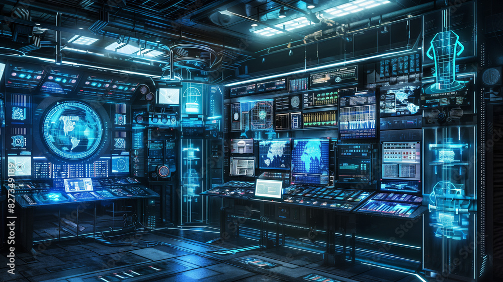 High-tech server room with futuristic blue neon lighting in a data center High-tech server room with futuristic blue neon lighting in a data center