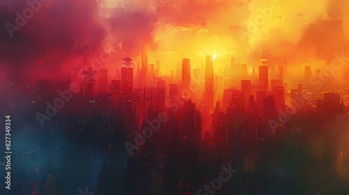 vibrant cityscape at dawn with buildings in soft liquid hues