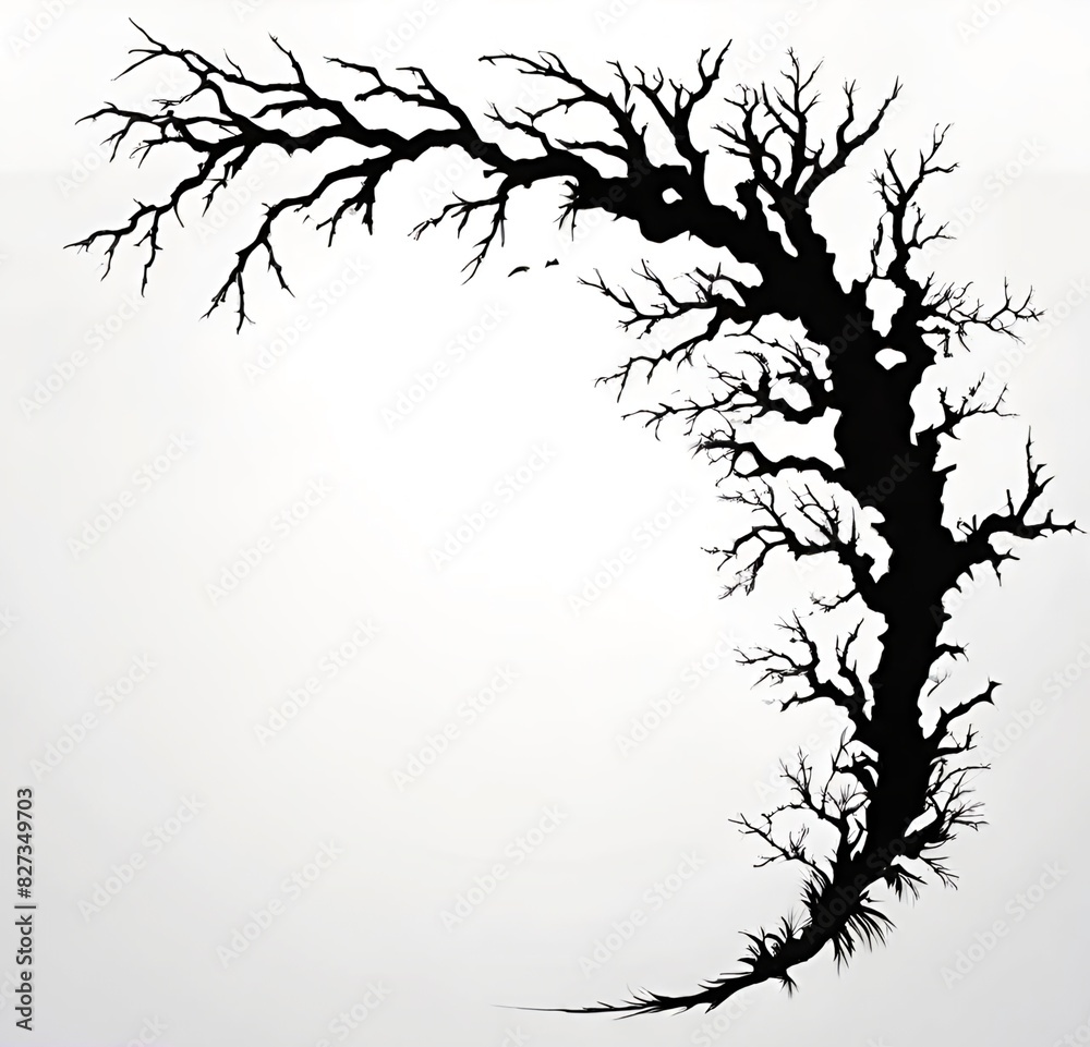Obraz premium silhouette of a tree, silhouette, vector, bird, plant, black, sky, illustration, branches, leaf, winter, spring, design, dead, forest, leaves, autumn, bare, season, wood, landscape, crow