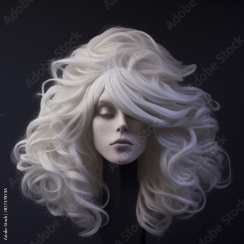 Natural looking white fair wig on white mannequin head. Middle length hair cut on the plastic wig holder isolated on black background. Front view. 