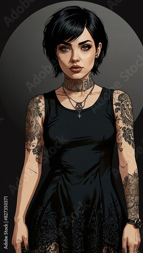 a girl with a gothic style and short black hair in a black t-shirt