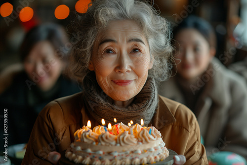 Pretty asian grandmother celebrating her birthday with cake and candles.