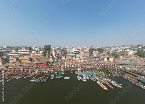 Panoramic Aerial view of Dasaswamedh Ghat Ganga River photo