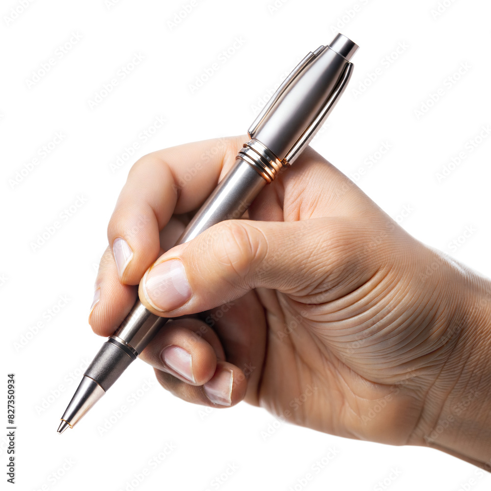 Hand Holding Pen: A forehand view of a hand holding a pen, isolated on a white background, ideal for writing or drawing themes.

