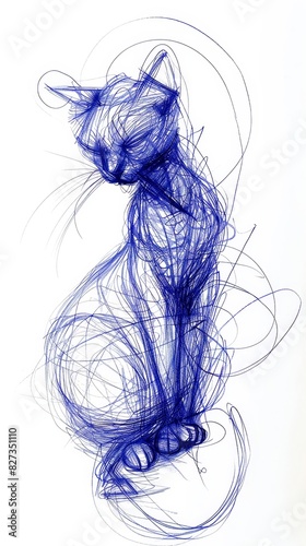 Blue Drawing of a Cat Sitting Down. Generative AI