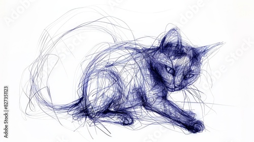 Hand Sketching Blue Cat on White Background. Generative AI