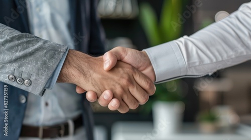 Businessperson shaking hands with a client in a sleek office, sealing a deal