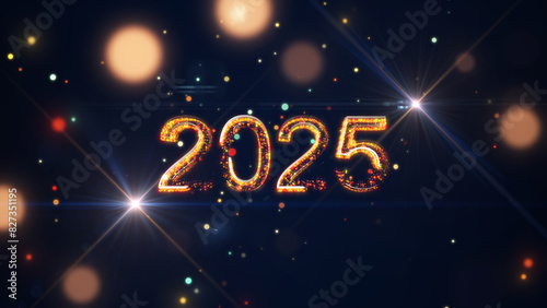 Happy New Year 2025 The numbers 2025 consist of small multi-colored particles centered on dark blue background. Bokeh scattered around New Year's celebration