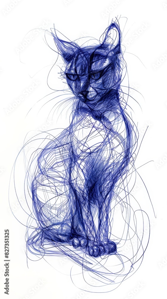 Blue Cat Sitting Down Sketch. Generative AI