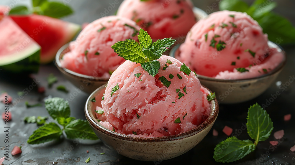 Wide banner photo of delicious scoop of watermelon ice cream sorbet on a icecream cup with fruit pieces around in white background Wide banner photo of delicious scoop of watermelon ice cream sorbet on a icecream cup with fruit pieces around in white background