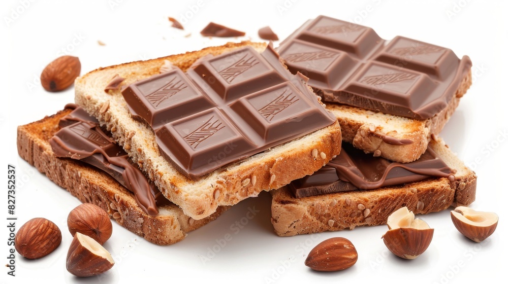 Delicious melted chocolate and hazelnut spread on toast with almond garnish Delicious melted chocolate and hazelnut spread on toast with almond garnish